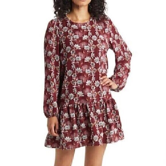 NEW NWT CASLON Floral Print Long Sleeve Drop Waist Mini Dress Burgundy Maroon S - Picture 1 of 13